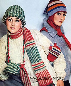 Манекенщицы в вязаных свитерах, шапках и модных длинных шарфах. «Журнал мод», зима 1979 г.